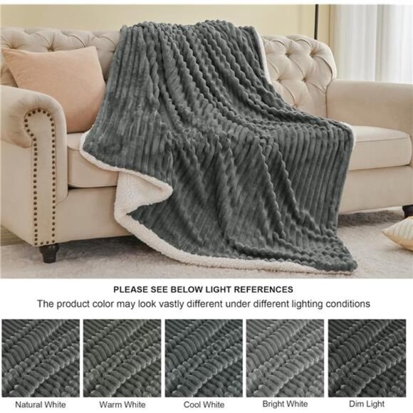 Sherpa Throw Blanket Grey Fleece Plush Cozy Soft Warm Striped Couch Blanket - Picture 6 of 7
